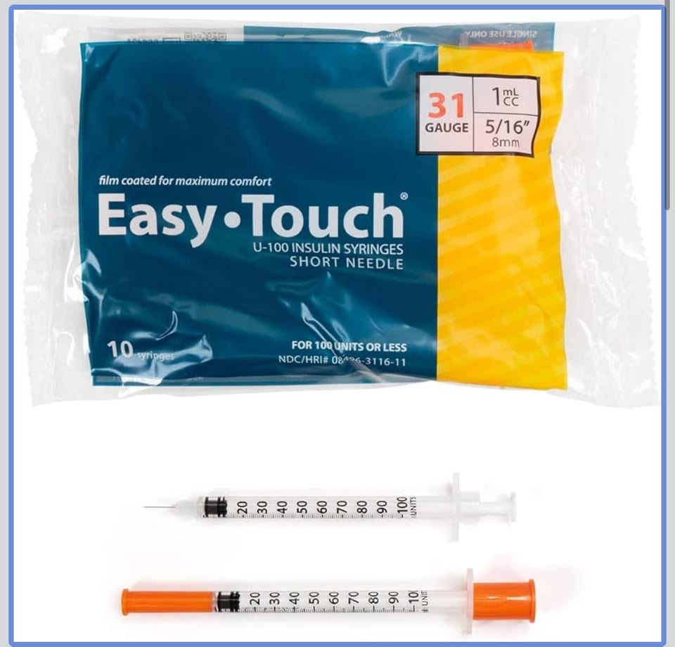 Easy Touch U-100 Insulin Syringe with Needle, 31G 1cc 5/16-Inch (8mm), 10 Pack
