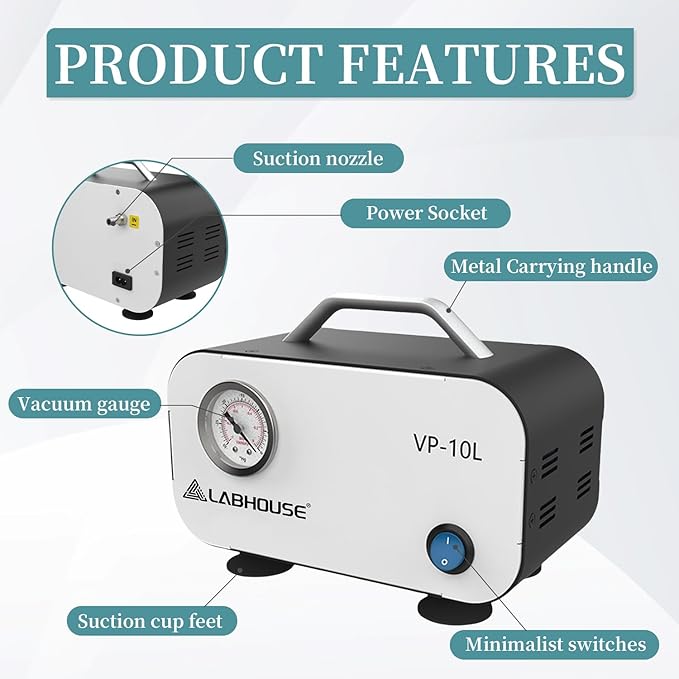 VP-10L Oil-Free Lab Vacuum Pump Oilless Diaphragm Pump 10L/min & Rubber Tube for Laboratory Vacuum Filtration,Negative Pressure,110V-220V