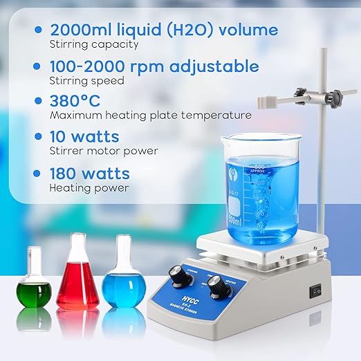 Magnetic Stirrer Hot Plate Max 716°F, 100-2000RPM Hot Plate with Magnetic Stirrer, 2000mL Magnetic Hotplate Stirrer, Magnetic Stirrer w/Magnetic Stir Bar
