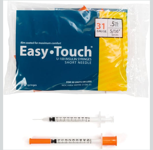 Easy Touch U-100 Insulin Syringe with Needle, 31G 0.5cc 5/16-Inch (8mm), 10 Pack