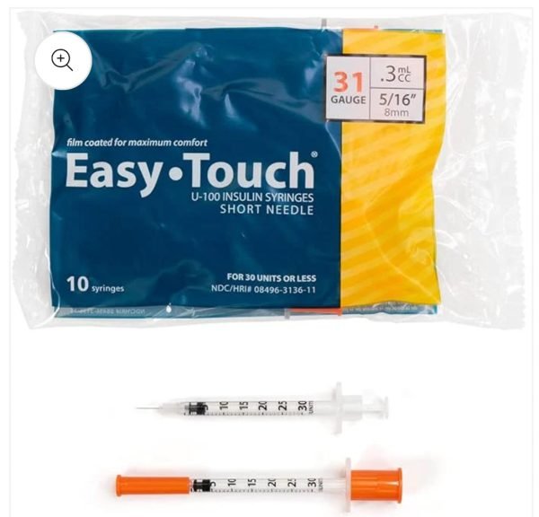 Easy Touch U-100 Insulin Syringe with Needle, 31G 0.3cc 5/16-Inch (8mm), 10 Pack